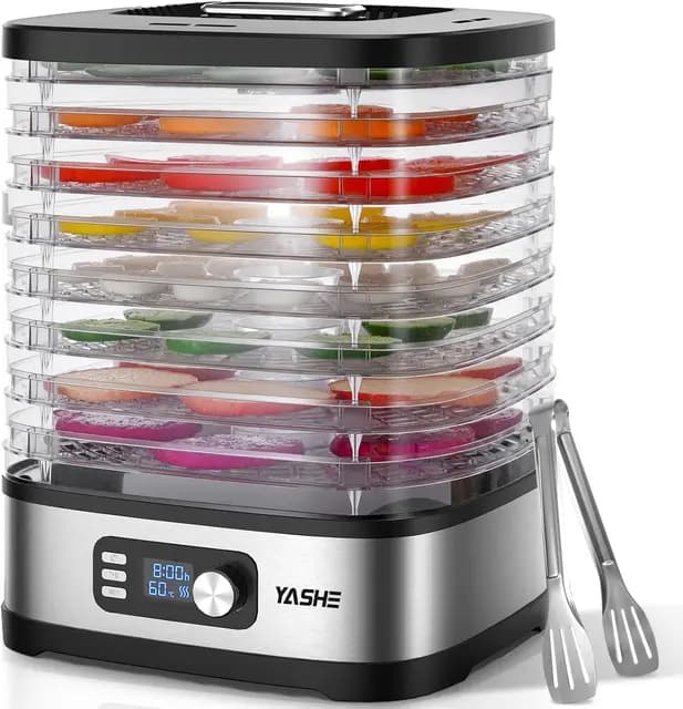 YASHE Deshidratador de Alimentos 8 Bandejas, Tiempo y Temperatura Ajustables 72H, Incluye Rejillas de Malla, Bandeja de Fruta y Pinzas de Acero Inoxidable para Jerky, Frutas, Verduras, Carne, Sin BPA