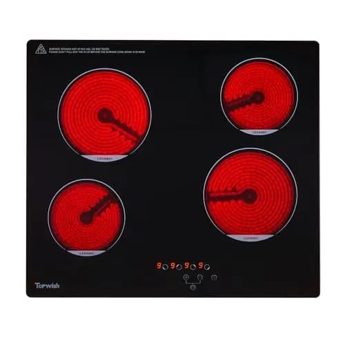Topwish placa vitroceramica 4 fuegos, vitrocerámica 60cm, vitrocerámica encastrable, con 9 niveles, cierre de seguridad, indicador de superficie caliente, 6000W