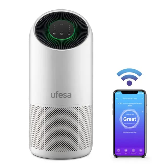 Ufesa PF6500 Purificador de Aire con Sistema de Filtrado de 4 Capas Pre filtro + Carbono Activo + HEPA 13 Antimicrobiano + UV Led, WIFI/APP, Atrapa y Elimina Virus y Bacterias con Tecnología Patentada