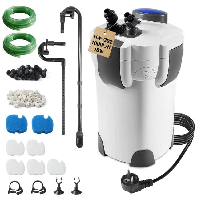 EXLECO Filtro Externo Acuario 1000L/H 18W Filtro Pecera Flujo Ajustable con Material Filtrante y Manguera Acuario Tubo, Bomba de Filtro Aquário Potente Profesional para Pecera de Menos de 300L HW-302