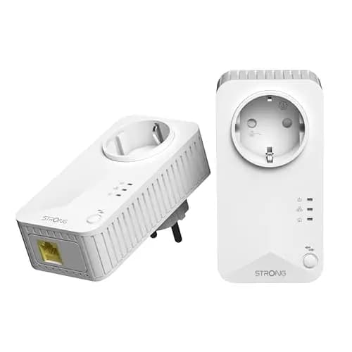 Strong AV600 Adaptador Powerline Set con Enchufe, PLC HomePlug AV2, Plug & Play, Enchufe Integrado, Modo de Ahorro de Energía, Puertos LAN 100 Mbit/s, Sin WiFi, Internet por Red Electrica