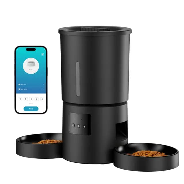 Comedero Gato Automático Doble & App: Dispensador Automático de 5L con WiFi 2.4G y Temporizador para Comida Seca - Diseño de Comedero Doble AONBOY para Múltiples Gatos y Perros - Negro