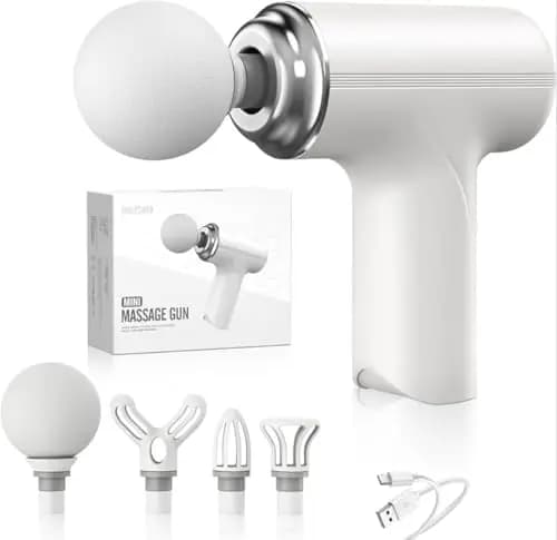 Pistola de Masaje Muscular Portátil Profesional – 6 Velocidades, 4 Cabezales Intercambiables, Motor Ultrasilencioso y Batería de Larga Duración USB-C – Alivio para Dolor, Tensión y Recuperación