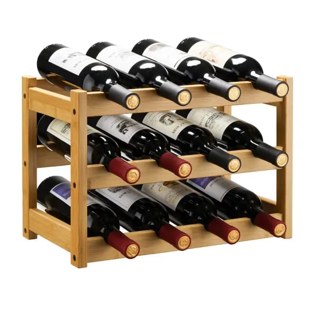 VASMIA Botellero de Vino, Estante para Vino, estantería de bambú de 3 Niveles para encimera, Soporte Independiente para 12 Botellas, Adecuado para Cocina, despensa, Bodega, Bar, Natural