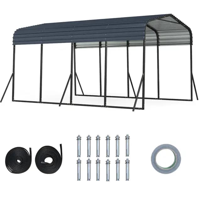 GOPLUS Cobertizo de Coche de Metal, 440 x 300 x 250 cm, Refugio de Vehículo con Techo Duro, 4 Patas Inclinadas y Anclajes de Fijación para Exteriores, Carpa Al Aire lIbre para Camiones, Tractores, Suv