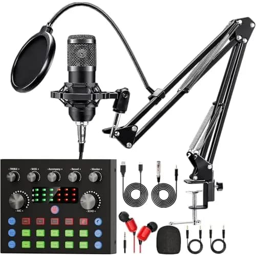 Paquete de equipo para podcast, cambiador de voz y micrófono de condensador, set de micrófonos para podcast para gamers, podcasting, grabación, canto y streaming