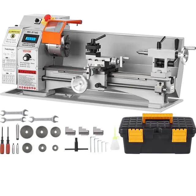 VEVOR Mini máquina de torno de metal, 7 pulgadas x 16 pulgadas, 800 W de precisión de sobremesa, 150-2500 RPM de velocidad continuamente variable, con caja de herramientas de portabrocas de metal de