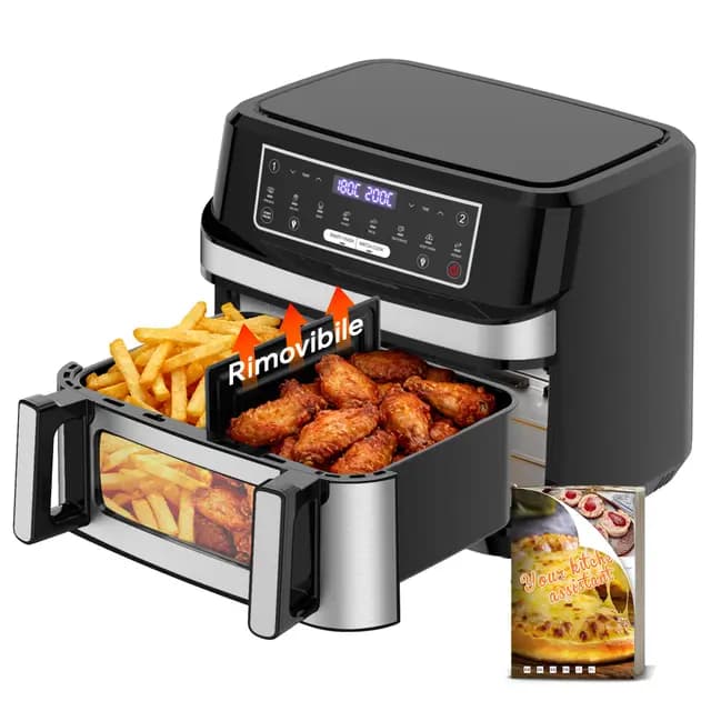 Freidora Aire 12 Litros | Freidora de Aire XXL Flexible Ajuste 1 Zona o 2 Zona, 2600W Doble Resistencia Control Independiente con Ventana y Luz, Air Fryer Grande 8-en-1 Controles táctiles Rezeptbuch