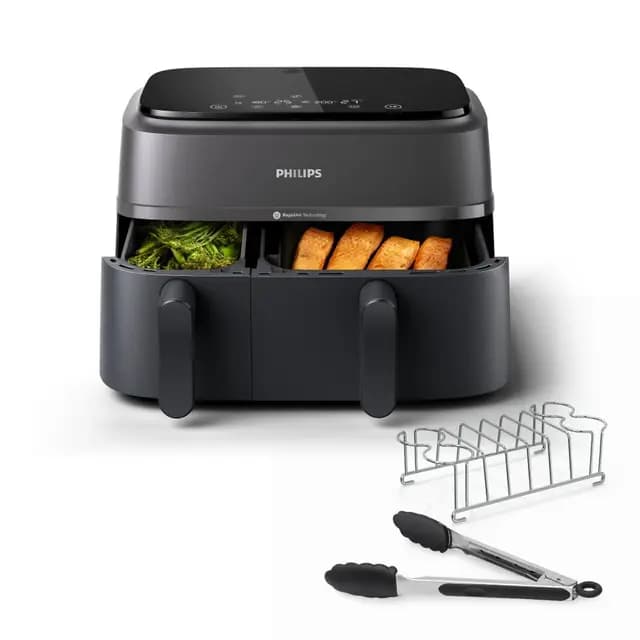 Philips Freidora de aire con doble cesta Serie 3000 con kit de desayuno, 9 L, 2 cajones, Rapid Air, freidora grande y versátil para familia, 99% menos grasa y ahorro de energía, HomeID (NA350/03)