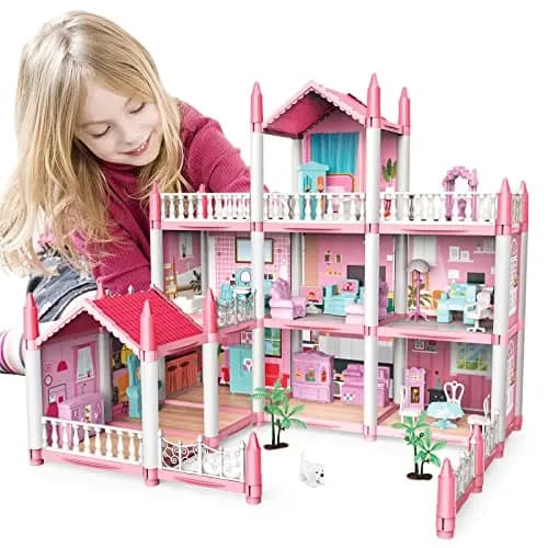 deAO Casa de Muñecas Villa para Niñas, 3 Pisos Casa de Muñecas de Ensueño con Muebles y Toboganes, Escaleras, Vallas, Perro Muñeco, Princess Castle Playset, Regalo para Niñas de 6+ Años (Rosa)