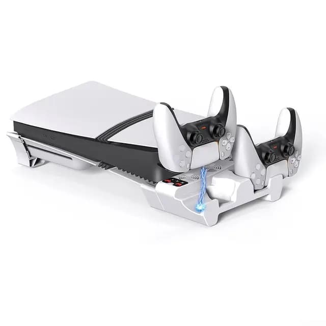 Soporte de refrigeración para consola de juegos para PS5 Pro/Slim, cargador doble con ventilador de 3 velocidades, indicadores LED, diseño delgado blanco