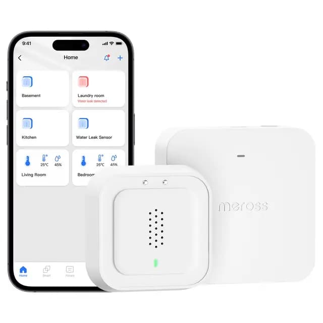 Meross Detector de Agua Inteligente | HUB Incluida | Detector de Fugas de Agua IP66 y 100 dB | Smart Detector de Agua para cocinas, baños, sótanos | Compatible con Apple Home, Alexa y Google