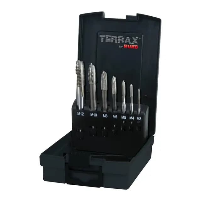 Juego de Machos de Roscar a Máquina HSS-Co TERRAX by RUKO M3–M12 – 7 Piezas – DIN 371/376 – Roscado Profesional en Metal