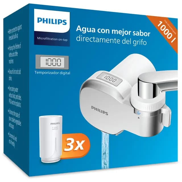 Philips Filtro de agua Ontap MICROFILTRACIÓN con PANTALLA DIGITAL y 3 cartuchos de repuesto, filtra sedimentos, cloro y otras sustancias que alteran el sabor, capacidad de filtración de 1000 L