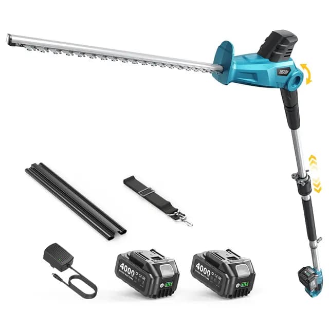 SEESII Cortasetos Batería, Cortasetos Eléctrico con Pértiga Telescópica 2,4 M, Cuchilla Doble Acción 50 Cm, 2×4000 mAh Baterías, Cabezal Giratorio Ajustable, para Setos Y Arbustos