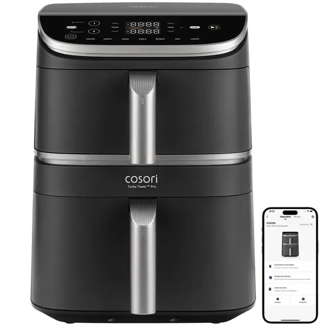 Cosori Air Fryer Turbo Tower Pro Smart 10,8 Litros, Freidora de Aire con Revestimiento Cerámico sin PFAS, Doble Resistencia con Turbo Blaze, Airfryer de Doble Cesta Vertical con 7 Funciones y WiFi