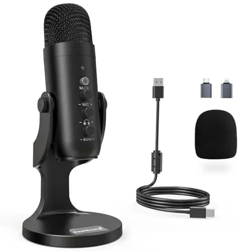 zealsound Micrófono USB para PC, Móvil y Tablet, Micrófono de Condensador de Sobremesa con Reducción de Ruido, Silencio, Monitorización y Eco, para Gaming, Streaming, Podcast, ASMR, Negro