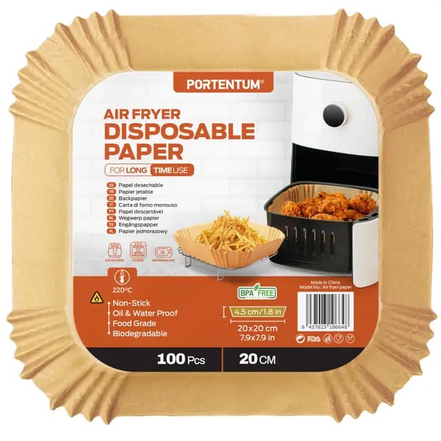 PORTENTUM Papel freidora aire 100 unidades de 20-24 cm Cuadrado. Para Air Fryer, Grado alimenticio con triple certificación BPA free, FDA y LFGB