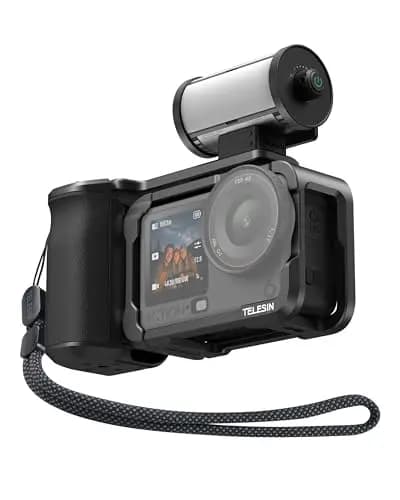 TELESIN Kit de empuñadura de aleación de Aluminio para dji Action 6 con Jaula Protectora metálica & luz de Video RGB magnética, luz LED portátil con difusor, CRI 95+, Soporte Cold Shoe, Accesorios