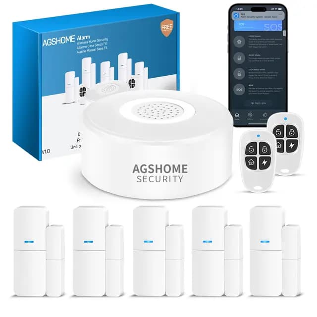 AGSHOME Alarma para Casa, Sistema de Alarma para Casa, antirrobo para casa inalámbrico con 1 Sirena, 5 Sensores para Puertas Y Ventanas Y 2 Controles Remotos, A través de la App, Compatible con Alexa