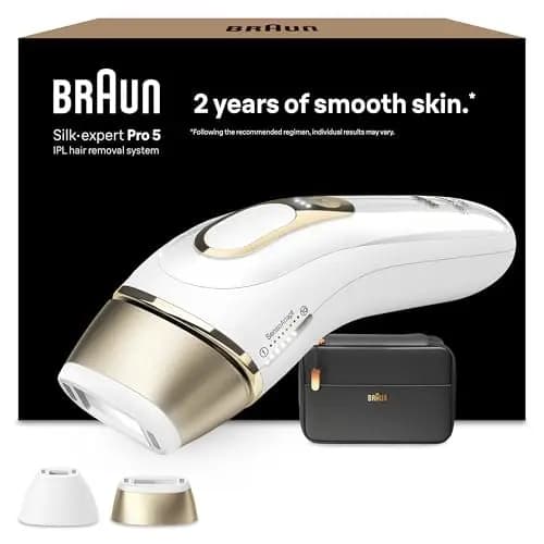 Braun Depiladora Luz Pulsada Silk-expert Pro 5, PL5140, Blanca/Dorada - Alternativa a Depiladora Laser, IPL Con Funda y 2 Cabezales Para Cara y Cuerpo, Eliminación Del Vello En Casa