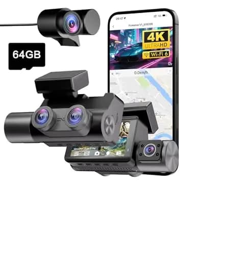 Dashcam 4K 3 Canales para Coche, Cámara Coche Interior y Trasera con GPS WiFi 6, Vigilancia 24H Parking, Visión Nocturna HDR, Dash CAM Coche con Tarjeta 64GB Gratis (V1)