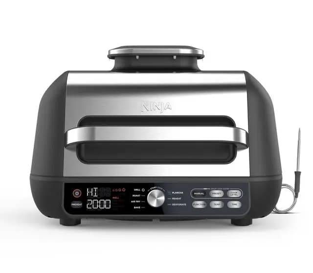 Ninja Foodi MAX PRO Parrilla, Plancha y Freidora de aire, 3,8 l, 7 funciones de cocción en 1, Parrilla, Freír con aire, Asar, Hornear y más, piezas aptas para lavavajillas, en plata y negro, AG651EU