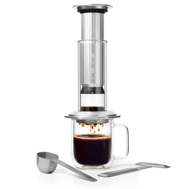 AeroPress cafetera de prensa francesa premium, de vidrio, acero inoxidable y aluminio, manual todo en uno estilo espresso y pour-over, preparación en 2 minutos, sabor intenso, Plateado