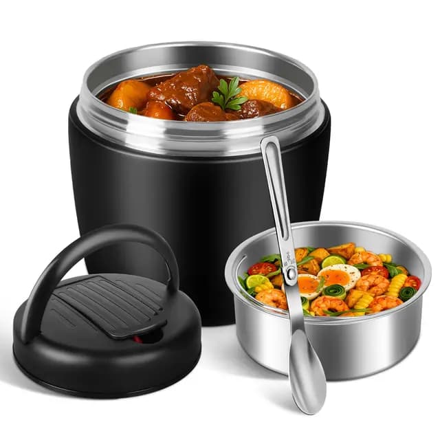Fiambrera Termica 1200 ml, Termo Comida Caliente, Fiambrera Acero Inoxidable Contenedor Térmico con Cuchara Plegable, para Comidas, Sopas, Purés para bebés y gachas (Negro)