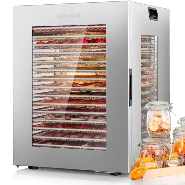 Kwasyo Deshidratador Alimentos 15 Bandejas Inox, 1200W Doble Ventilador, para Carne, Fruta, Snacks Perros, Hierbas, Temp. Ajustable 90°C, Temporizador 24H, Ventanas Múltiples, Secado Potente