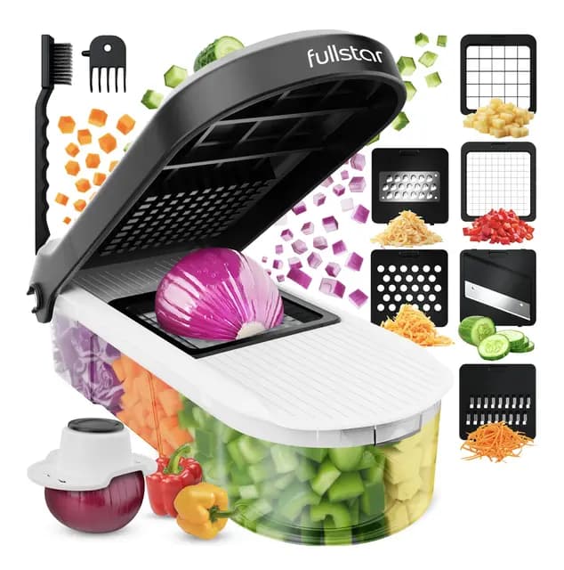 Fullstar Multifuncional Cortador de Verdura y Mandolina Profesional - Juliana Rallador Picadora Manual de Cebolla Pepino Patatas Fritas Queso - Gadgets y Utensilios Cocina (Compacto 6-en-1, Blanco)
