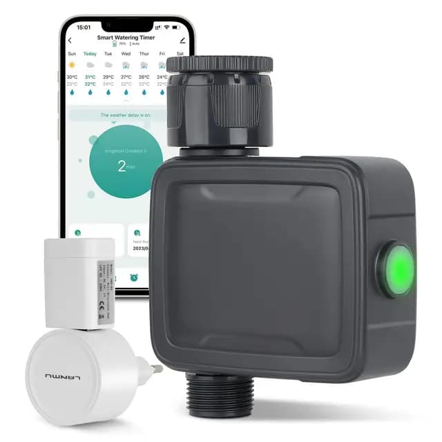 Tesmotor Ordenador de Riego, Programador de Riego WiFi Inteligente, Temporizador de Riego Automático con Control por App y Voz, Función Retardo de Lluvia, Sistema de Riego para Jardín e Invernadero