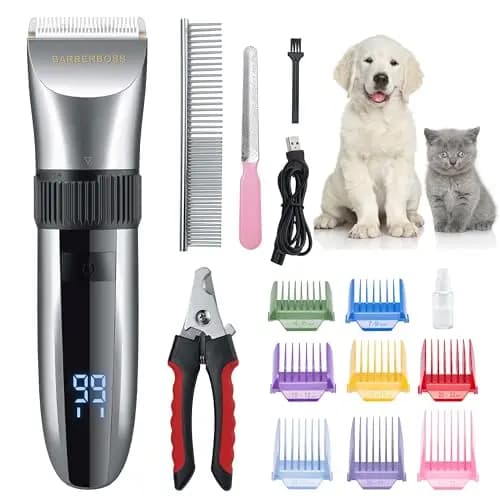 BarberBoss Cortapelos inalámbrico para perros, impermeable, cuchillas de cerámica, pantalla LED, carga rápida, cortadora eléctrica para mascotas (Plata)