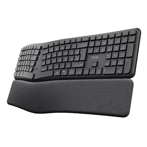 Trust Arvia Teclado Ergonómico Inalámbrico Silencioso QWERTY Español Bluetooth + 2.4GHz, Teclado Bluetooth Multidispositivo Dividido con Reposamanos, PC Ordenador Portátil Mac, Negro