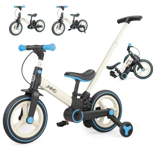 JMMD Bicicleta 6 en 1 para Niños Pequeños con Ruedas de Entrenamiento y Pedales, Edad 18 Meses a 5 Años, Bicicleta de Equilibrio y Pedal 12" Transformable y Plegable, con Mango Ajustable para Padre