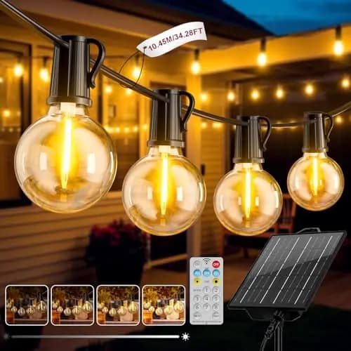 FIFlying Guirnaldas Luces Exterior Solar, 10.45M/34.3Ft Lámparas Solares de Jardín Luces con 12+1 G40 Bombillas, 8 Modos Impermeable Guirnalda Solares para Jardín, Patio, Café, Fiesta, Terraza
