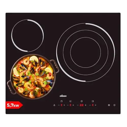 Nilson Placa Vitrocerámica Cristal Negro NV3600. Potencia máx. 5700 W, 3 Zonas de Cocción, 9 Niveles, Control Táctil, Bloqueo y Autodesconexión de Seguridad, Diámetros 16-20-30 cm