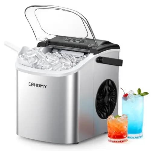 EUHOMY Máquina de Hielo 12Kg/24H, 9 Cubos en 6 Minutos, Maquina de Hacer Hielo Autolimpiable, 2 Tamaños de Hielo, con aAsa, Pala para Hielo y Cesta, Sirva Para Casa/Cocina/Oficina/Bar Plateada
