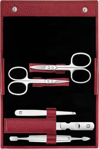 ZWILLING Set de manicura (5 piezas, cuidado de uñas y pedicura con estuche de piel auténtica con tijeras de uñas y tijeras para cutículas), acero inoxidable pulido, rojo