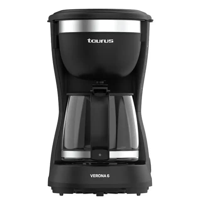 Taurus - Cafetera de Goteo Verona 6 | 600W | 600ml | Intense Flavour Tech | Placa Calefactora | Filtro Permanente Lavable | Jarra Cristal Antigoteo | Diseño Compacto Negro Mate | BPA Free