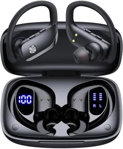 Auriculares Inalámbricos Bluetooth Sport con Ganchos, Earbuds In Ear 80H de Reproducción, Estuche con Doble Pantalla LED, Auriculares Deportivos con Micrófono, Cascos Running para Gimnasio y Correr
