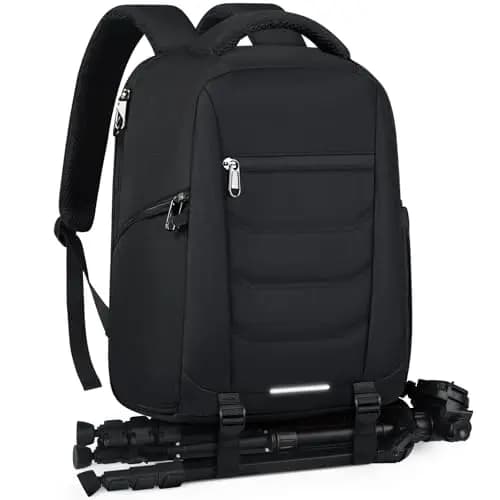 RAINSMORE Mochila Camara Fotos, Mochilas Fotografia, Bolsa Camara Reflex con Compartimento para Portátil de 14 y Funda Impermeable para Canon, Nikon y Sony Negro