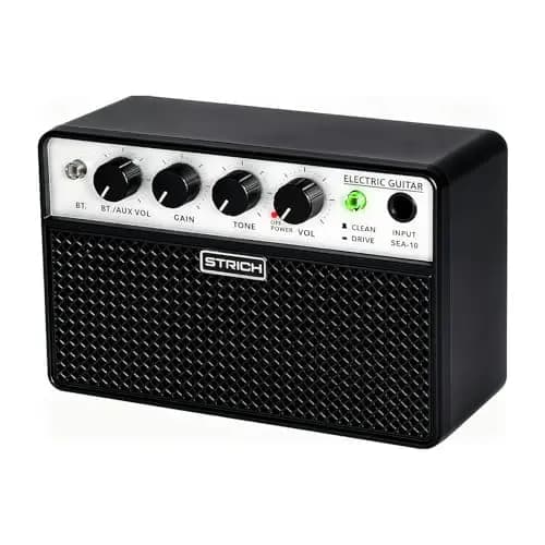 STRICH Amplificador de Guitarra Eléctrica de 2 x 5 W - Amp de práctica para Guitarra portátil y Recargable con Canales limpios y distortión, Salida de Auriculares de 1/8 para Principiantes, Negro