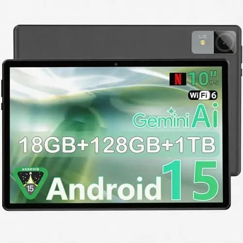 Tableta Android de 10 pulgadas, Android 15, 18 GB de RAM + 128 GB de almacenamiento (hasta 1 TB ampliable), pantalla IPS de 1280 x 800, procesador Octa-Core, batería de 6000 mAh