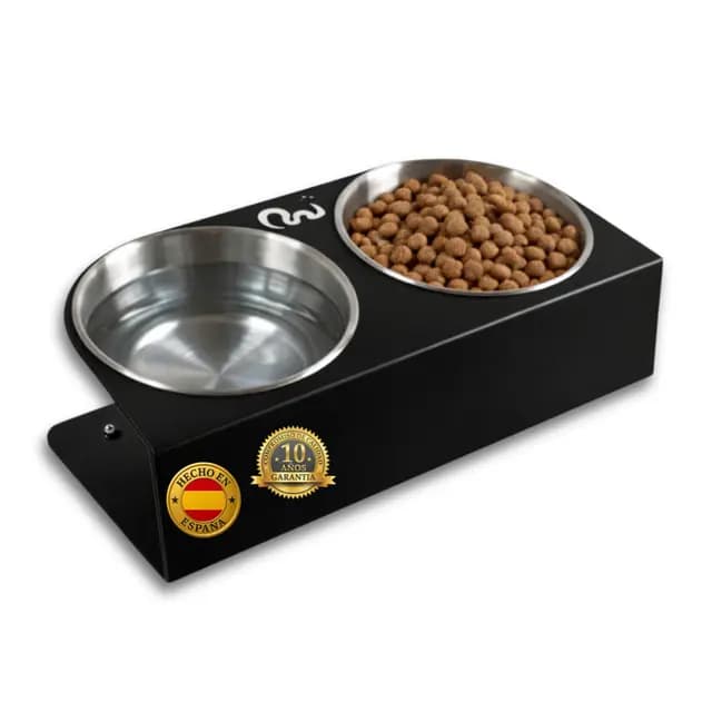 Comedero Perro Elevado para Perros Pequeños Ergonómico, Comedero Gato Elevado Antideslizante y Antibacteriano, Cuencos de Acero Inoxidable, Diseñado y Fabricado en España (Negro, S)