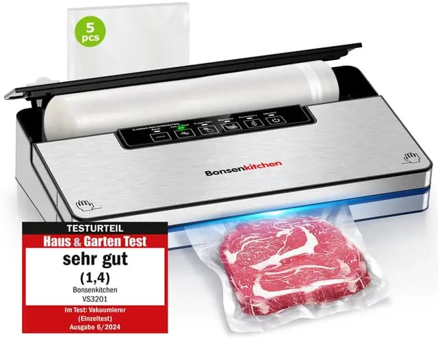Bonsenkitchen Envasadora al Vacío, Maquina al Vacio con 5 modos, 8 L/min, Tecnología Globefish para Un Funcionamiento a Alta Velocidad, Vacío Rápido, Incluye 5 Bolsas de Vacío y 1 Bolsa de Rollo