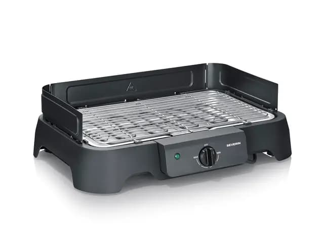 Severin Barbacoa eléctrica, 2000 W, temperatura de 35 a 200 °C, 38 x 22 cm, parrilla de acero inoxidable, protector contra viento y bandeja recogemigas, para interior y exterior, Negro, PG 8593