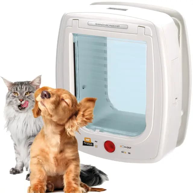 Ferplast Gatera con Microchip, Puerta para Gatos y Perros, Collar Incluido, Entrada y Salida controlables 4 vías, Protección contra Corrientes de Aire, Swing Microchip Tamaño Mediano, Blanco