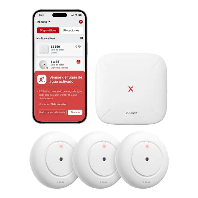 X-Sense Detector de Fugas de Agua WiFi, Sensor de Inundación IP66 para Cocina, Baño y Sótano, Alerta en Tiempo Real y Notificaciones en la App, 3 Detectores y 1 Estación Base Incluidos, Kit SWS54