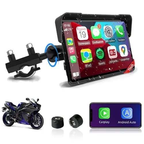 Jansite Carplay Moto Android Auto con TPMS, 7" GPS Moto Navegador Pantalla Táctil Resistente al Agua IP67 Bluetooth Siri y Asistente de Google